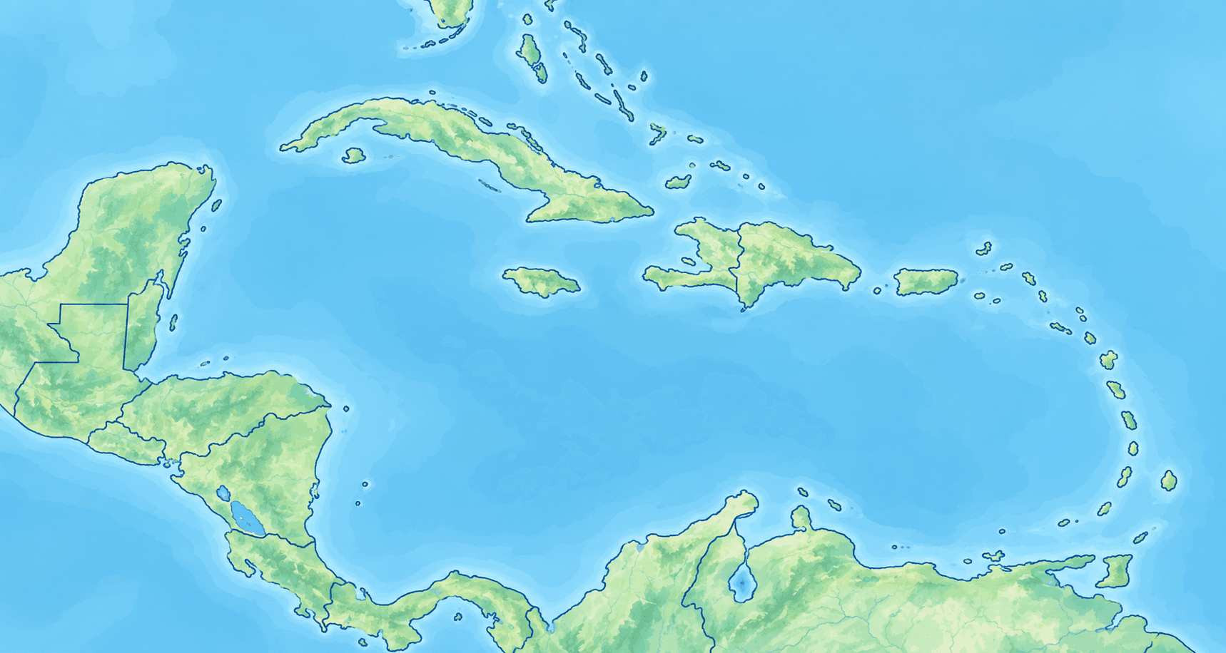 Map of the Caribbean Sea, from Central America and Cuba through the island arc to northern South America